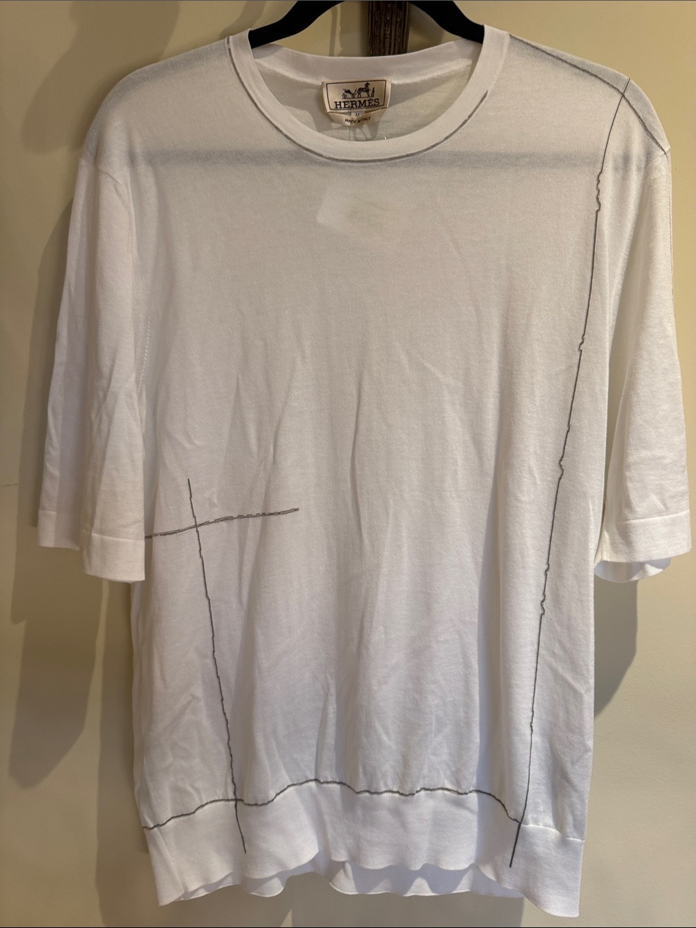 Hermes White Short-Sleeve Knit Shirt with Contrast Stitch Lines